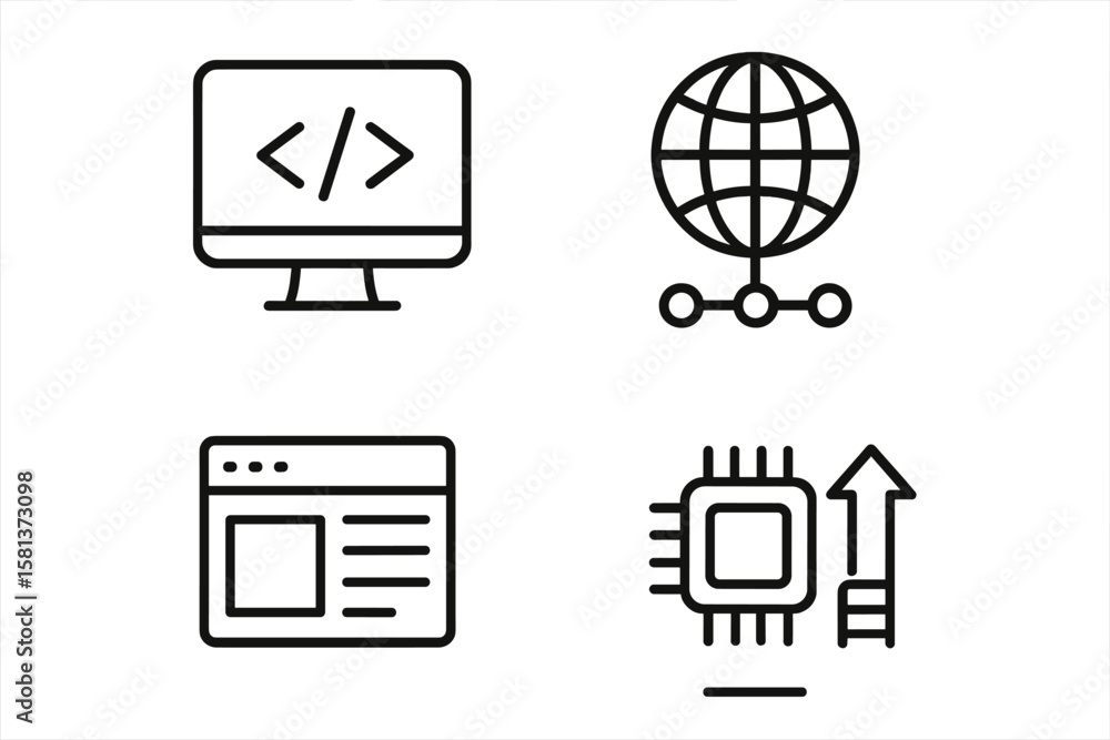 Poster set of 4 information technology line style icons for web and mobile apps featuring programming, netw