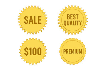 Fototapeta premium Golden sale badge set with glowing starburst labels for premium, price, best quality, and discount offer. Vector retro stickers with metallic sunburst icons on transparent background