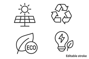 Green energy line icons set, solar panel, recycling, eco leaf, renewable electricity, sustainable power, environmental symbols for web and mobile app, nature, bio, clean energy