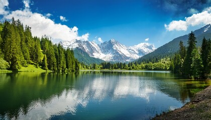 tranquil lake with lush green forest snow capped mountain blue sky and white clouds