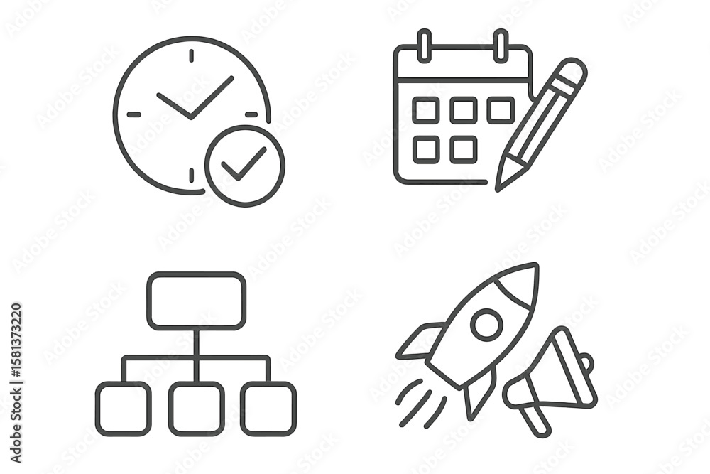 Poster project management web icons set in modern line style. time tracking, calendar planning, business wo