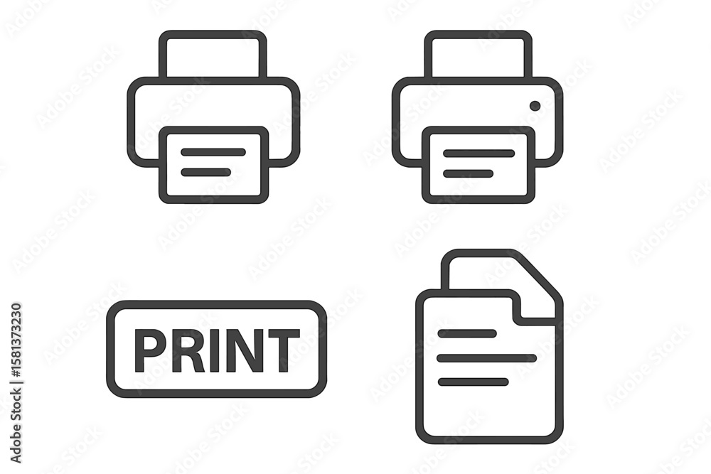 Poster print icon set with modern outline printer symbols, print button and document icons. vector illustra