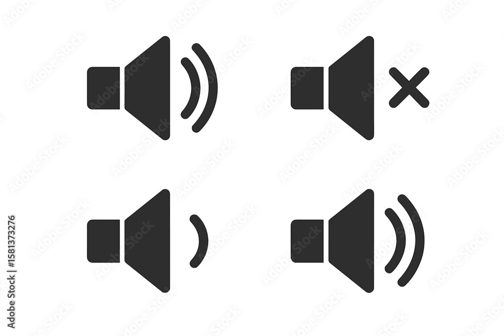 Poster speaker volume icon set on dark metal background. audio control interface. sound mute, low, medium, 