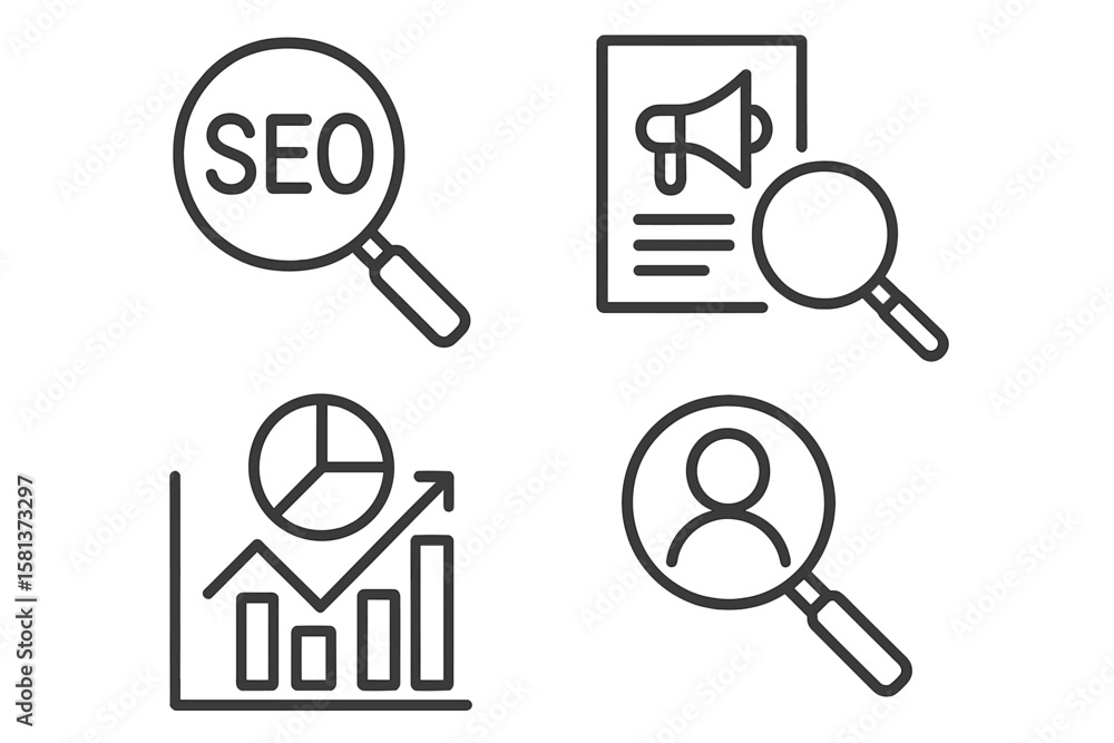 Poster set of 4 linear web icons with magnifying glass symbol. seo optimization, digital marketing strategy