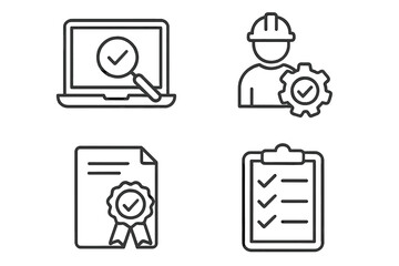 Quality control and inspection icon set. Line style vector with laptop, engineer, certificate, checklist. Industrial production audit, quality assurance and compliance symbols