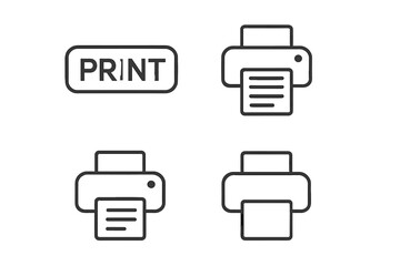 Print icon set with modern glossy effect. Vector printer symbols and print button for UI, apps, websites, or documents. Office equipment icon collection. Isolated transparent PNG.