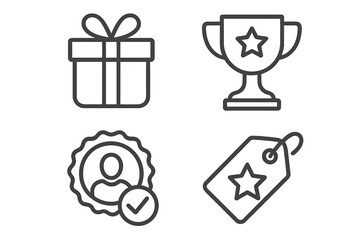 Reward concept icon set in linear style. Outline vector icons of gift box, trophy, loyalty badge, and star label for recognition, loyalty programs, prizes, achievements, bonus symbols