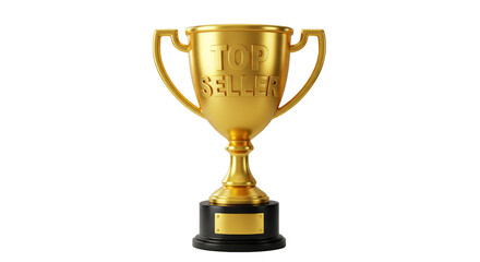 Golden Top Seller Trophy Cup Award with Black Base on Transparent Background - Business Achievement Success Symbol