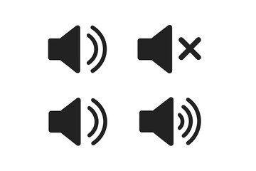Speaker sound volume icons set. Black audio control symbols. Mute, low, medium, high volume levels. Sound speaker vector on dark background. Speaker status icon pack for UI UX apps