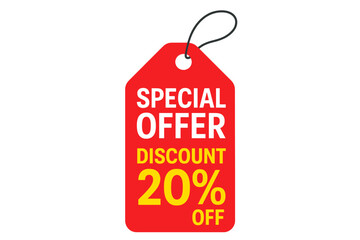 Special offer discount tag label design. Red price tag with 20 percent off promotion. Vector sale label for shopping, retail, clearance, deals, promo banner, marketing concept