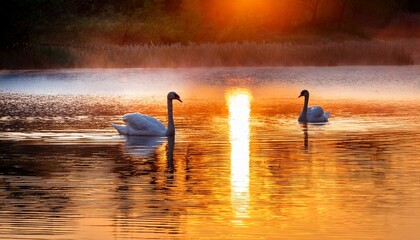 swans gliding on calm lake at sunrise
