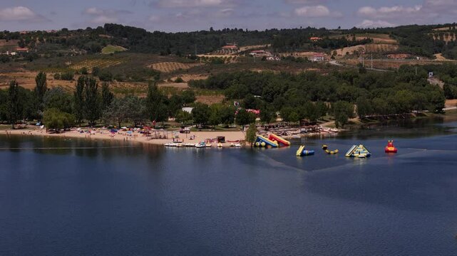 Aerial drone view of man made beaches at Albufeira do Azibo near Braganca, Portugal