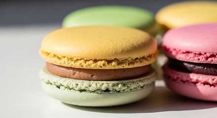 A vibrant collection of colorful macarons, a sweet treat. 