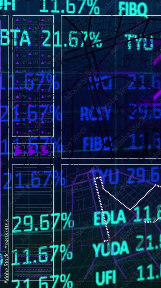 Poster animation of financial data processing over grid on dark background