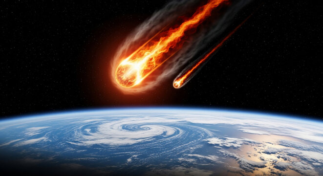 Fiery meteorites hurtle towards Earth in this dramatic space scene
