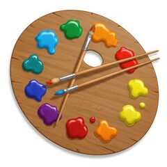 Artist s paint palette with brushes and colorful paints isolated on white background