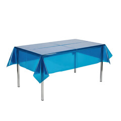 A rectangular table is covered with a shiny, translucent blue tablecloth. The table has four metal legs.