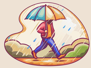 Person Walking with Umbrella in Rainy Weather Surrounded by Nature for Seasonal Blogs, Weather Awareness Websites, and Illustrations on Emotional Resilience