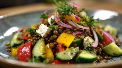 vegetarian linsensalat with feta and fresh vegetables on ceramic plate