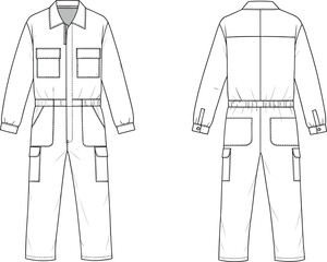 Flat Sketch of Long-Sleeve Coverall Featuring Front Zipper, Chest and Thigh Flap Pockets, Back Patch Pockets, Elastic Waistband for Fashion Designers, Apparel Mockups