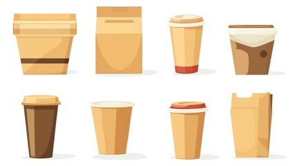 Collection of Stylish To-Go Containers, Featuring Coffee Cups and Food Boxes, Emphasizing Convenience