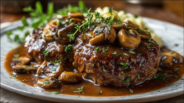 salisbury steak with mushrooms and herbs in rich brown gravy on plate