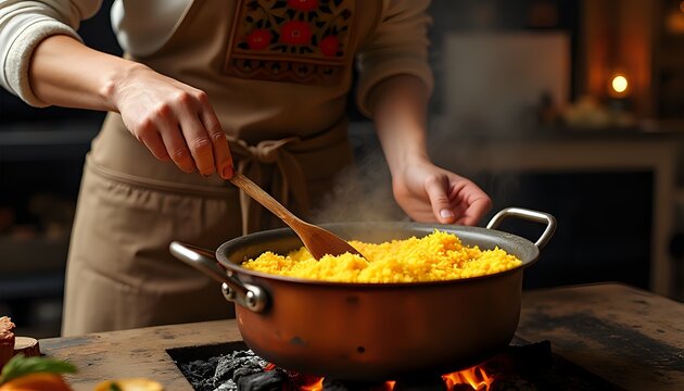 Woman Cooking Yellow Rice Over Open Flame - Powered by Adobe