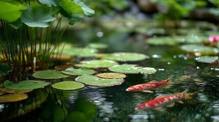 koi swimming in emerald pond with lotus leaves in soft shallow focus