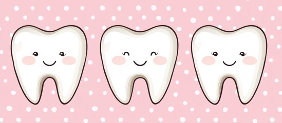 Cute Smiling Teeth Dental Health Cartoon Illustration with Pink Polka Dot Background for Pediatric Dentistry