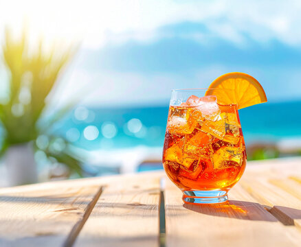 Drink Aperol Spritz com laranja e cubos de gelo em um lindo copo a beira da praia em uma mesa de madeira com folhagens ao fundo. Espa&ccedil;o para texto
