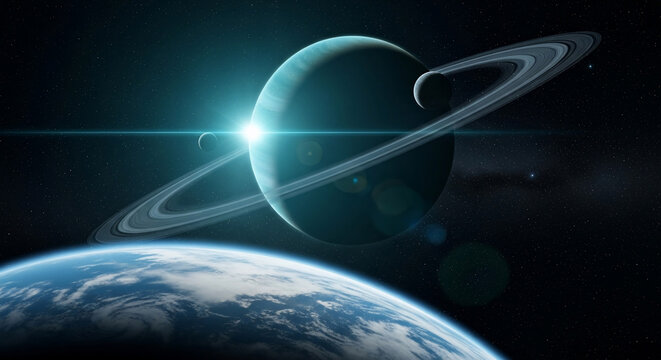 Illustration of a planet with rings and moons in space