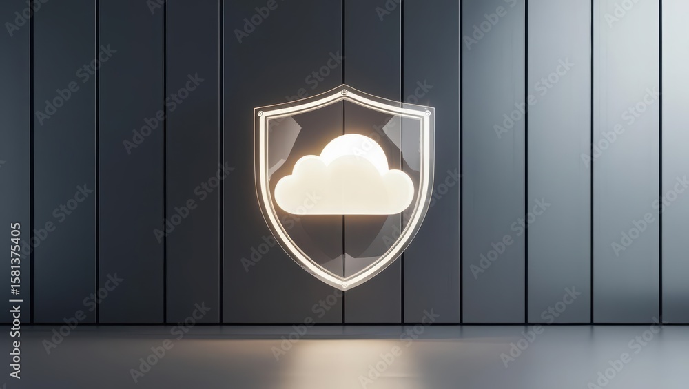 Aufkleber luminous cloud in glass shield against a striped wall symbolizes secure cloud computing and data pro