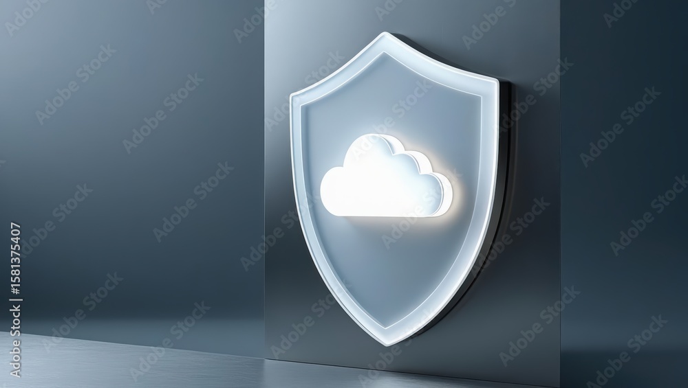Poster a glowing white cloud icon is displayed inside a shield symbol attached to a gray wall representing 