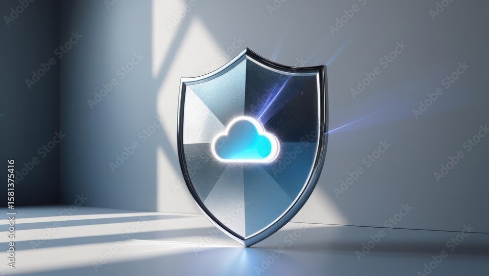Poster a metallic shield featu a glowing cloud icon symbolizes robust cloud security and data protection in