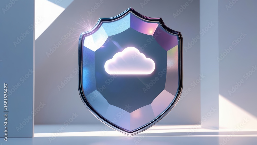 Poster a shimme shield with a cloud symbol reflects light suggesting data protection and cybersecurity in a
