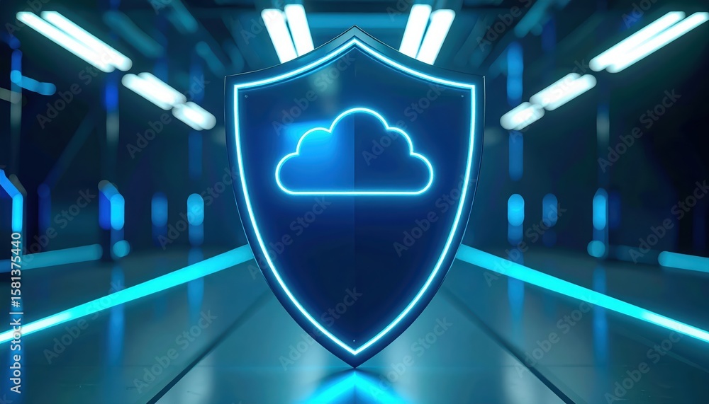 Poster a futuristic glowing shield with a cloud icon stands in a tunnel of blue light representing secure d