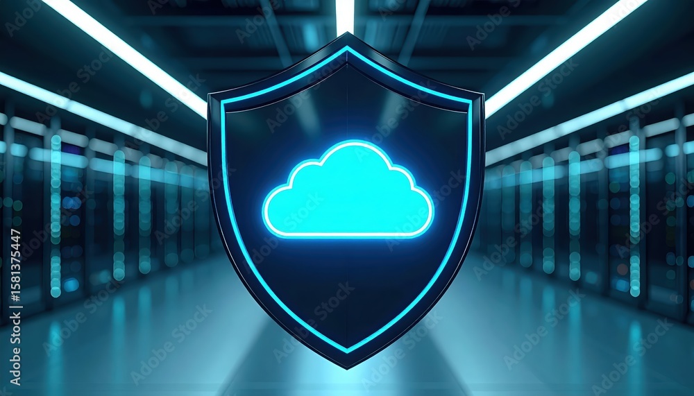 Poster a gleaming shield icon with a luminous cloud symbol stands guard in a server room, symbolizing data 