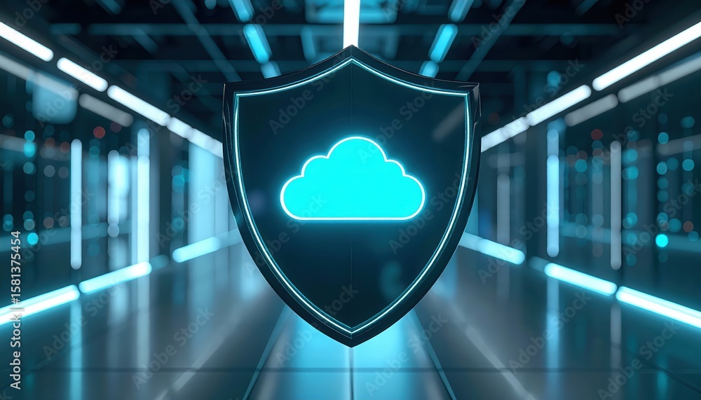Poster glowing cloud icon inside shield is rendered in 3d against a futuristic server room backdrop suggest