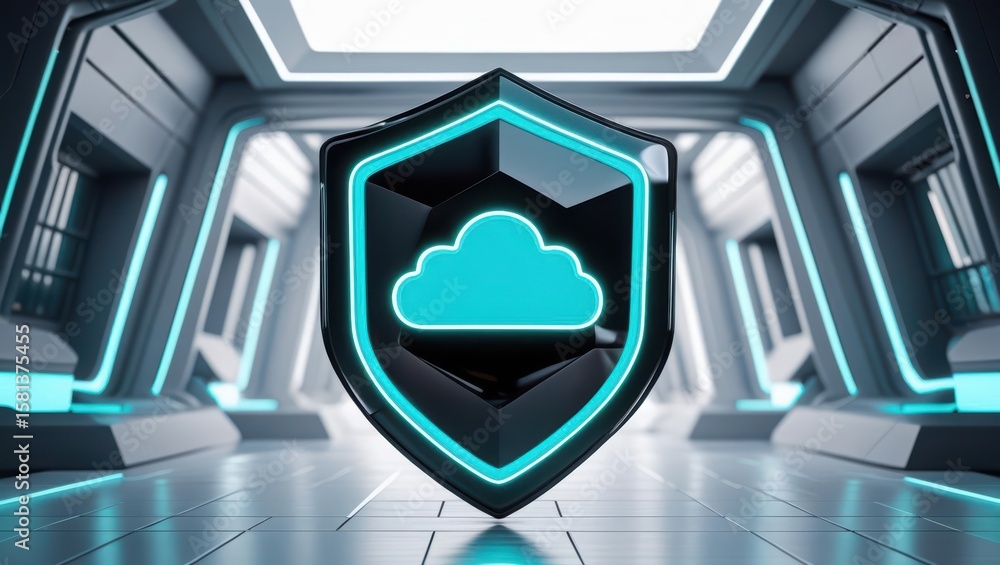 Poster in a futuristic hallway, a glowing shield with a cloud inside represents the security and protection