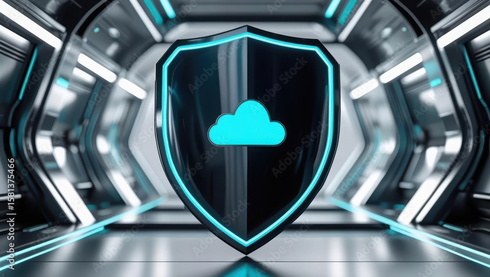 Poster in a modern, futuristic setting, a digital shield with a luminous cloud icon symbolizes secure cloud