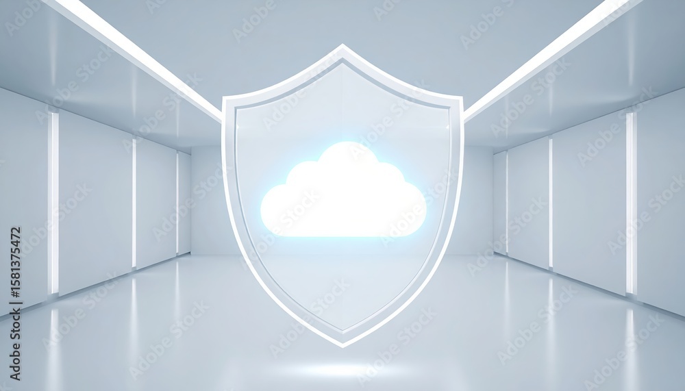 Poster a glowing cloud symbol inside a shield represents secure cloud computing and data protection in a cl