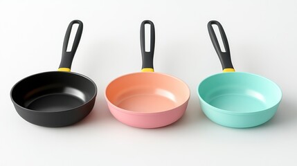 Colorful Nonstick Frying Pans A Trio of Pastel-Colored Cookware for Kitchen and Food Photography