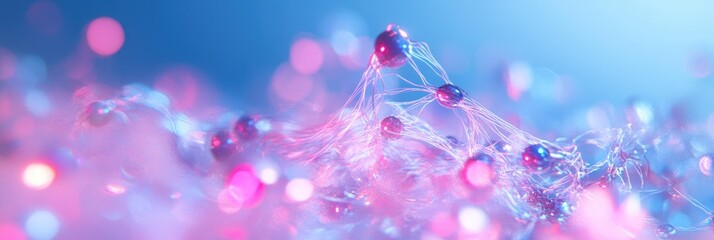 Dynamic digital network with glowing pink nodes and fibers