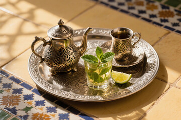 Fototapeta premium Moroccan Tea Flatlay with Mint and Citrus on Patterned Surface 