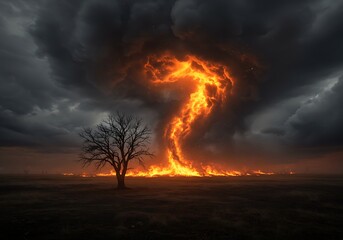Apocalyptic Fire Tornado in a Dark Stormy Sky Dramatic Disaster Concept