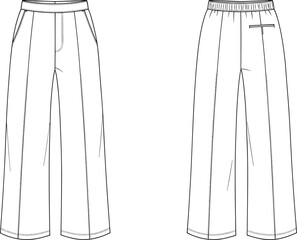 Flat Technical Sketch of Men’s Straight-Leg Pants with Front Fly, Side Pockets, Elastic Back Waistband, Ideal for Apparel Design, Mockups, Clothing Illustration