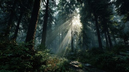 Fototapeta premium Sunbeams Filtering Through a Mystical Evergreen Forest