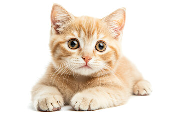 Fototapeta premium Cute orange tabby kitten with large eyes and curious expression, lying on white background, exuding playfulness and charm