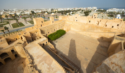 Scenic view from watchtower at Ribat of Monastir to inner courtyard of ancient fortress with...
