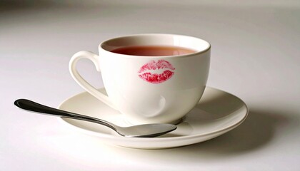A white teacup with a distinct red lipstick kiss mark on its rim sits on a saucer with a spoon, suggesting a recent, personal moment.